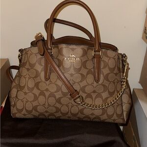 Coach Brown Signature Canvas Satchel with Gold Chain Accent